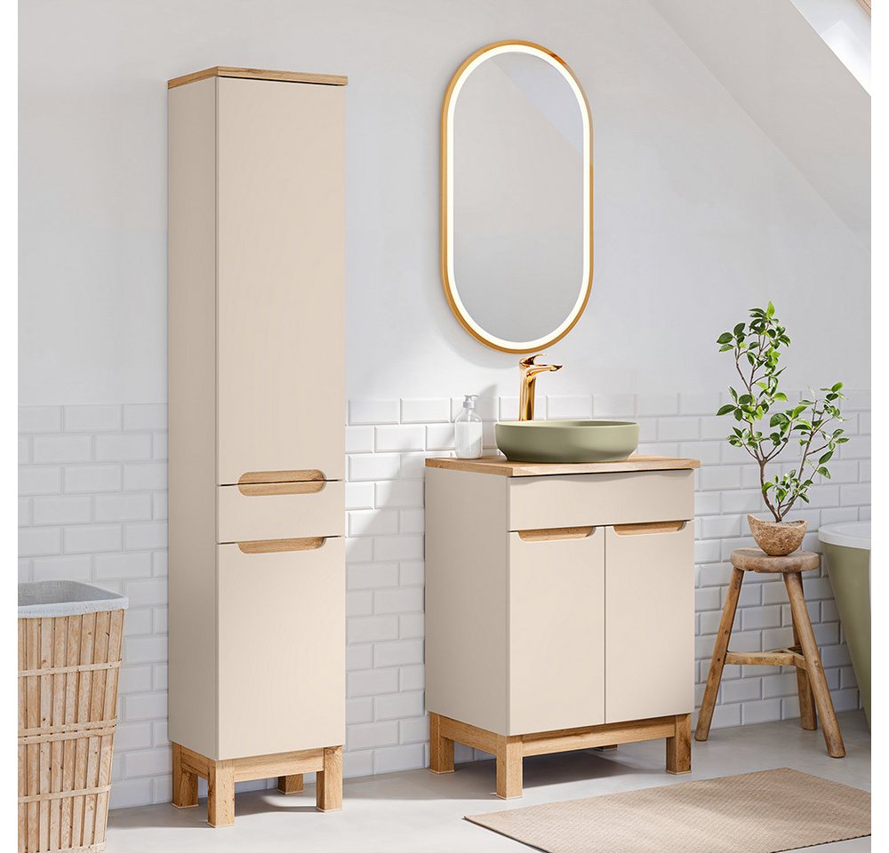 Lomadox Badmöbel-Set SOLNA-56-CASHMERE, (Spar-Set, 3-St., Hochschrank LED-Spiegel Waschtisch), in kaschmir mit Eiche, grifflos, mit Baumkantenoptik von Lomadox