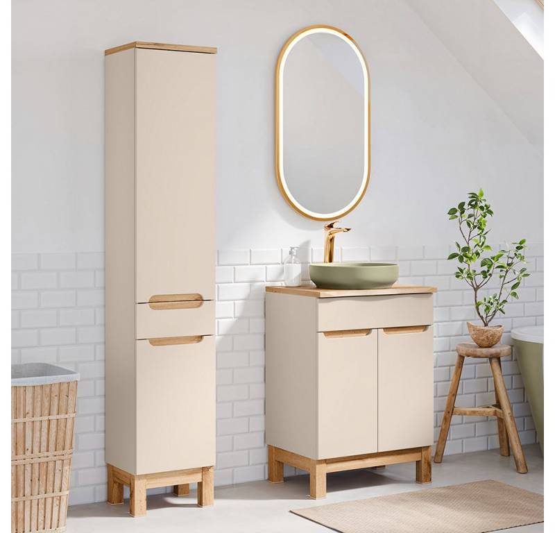 Lomadox Badmöbel-Set SOLNA-56-CASHMERE, (Spar-Set, 3-St., Hochschrank LED-Spiegel Waschtisch), in kaschmir mit Eiche, grifflos, mit Baumkantenoptik von Lomadox