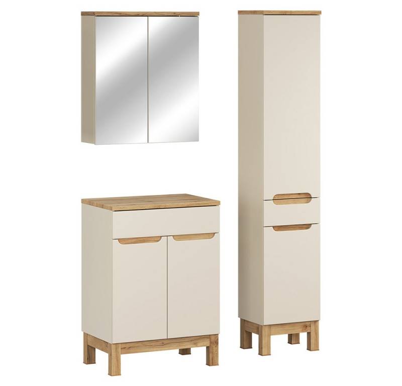 Lomadox Badmöbel-Set SOLNA-56-CASHMERE, (Spar-Set, 3-St., Spiegelschrank Waschbeckenschrank Hochschrank), in kaschmir mit Eiche, grifflos von Lomadox