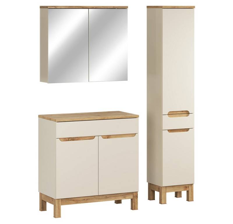 Lomadox Badmöbel-Set SOLNA-56-CASHMERE, (Spar-Set, 3-St., Spiegelschrank Waschbeckenschrank Hochschrank), in kaschmir mit Eiche, grifflos von Lomadox