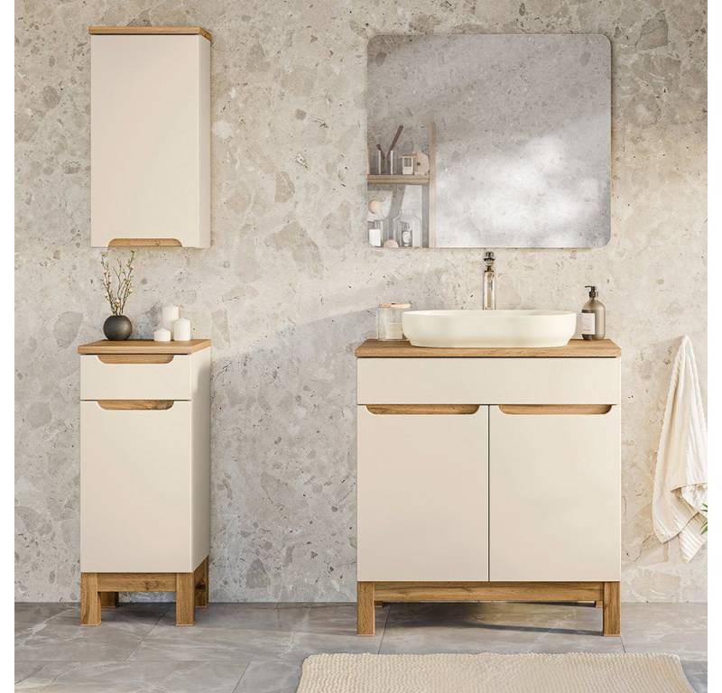 Lomadox Badmöbel-Set SOLNA-56-CASHMERE, (Spar-Set, 4-St., Hängeschrank Badkommode Spiegel Waschtisch), in kaschmir mit Eiche, grifflos, mit Baumkantenoptik von Lomadox