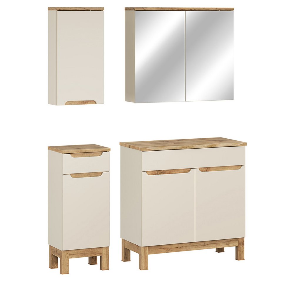 Lomadox Badmöbel-Set SOLNA-56-CASHMERE, (Spar-Set, 4-St., Hängeschrank Badkommode Spiegelschrank Waschbeckenschrank), in kaschmir mit Eiche, grifflos, mit Baumkantenoptik von Lomadox