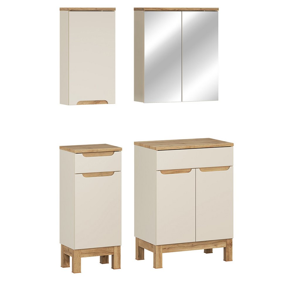 Lomadox Badmöbel-Set SOLNA-56-CASHMERE, (Spar-Set, 4-St., Hängeschrank Badkommode Spiegelschrank Waschbeckenschrank), in kaschmir mit Eiche, grifflos von Lomadox