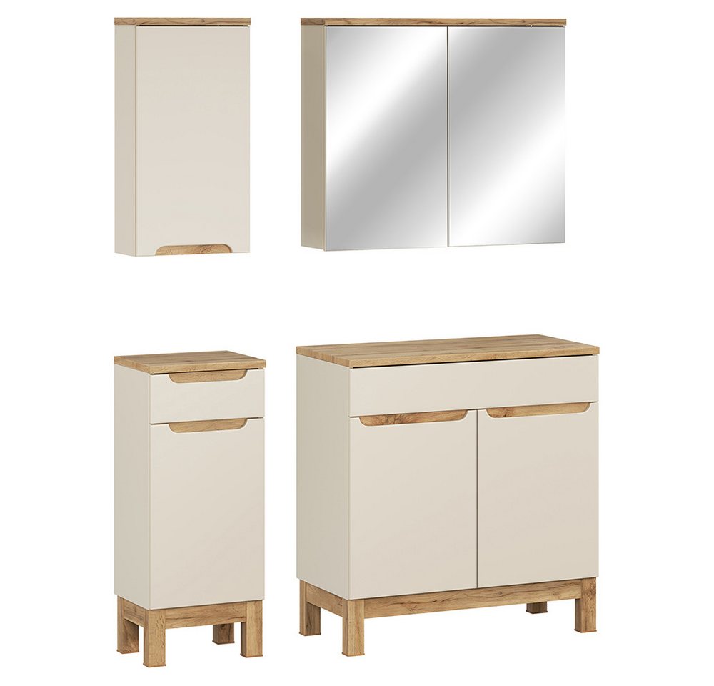 Lomadox Badmöbel-Set SOLNA-56-CASHMERE, (Spar-Set, 4-St., Hängeschrank Badkommode Spiegelschrank Waschbeckenschrank), in kaschmir mit Eiche, grifflos von Lomadox