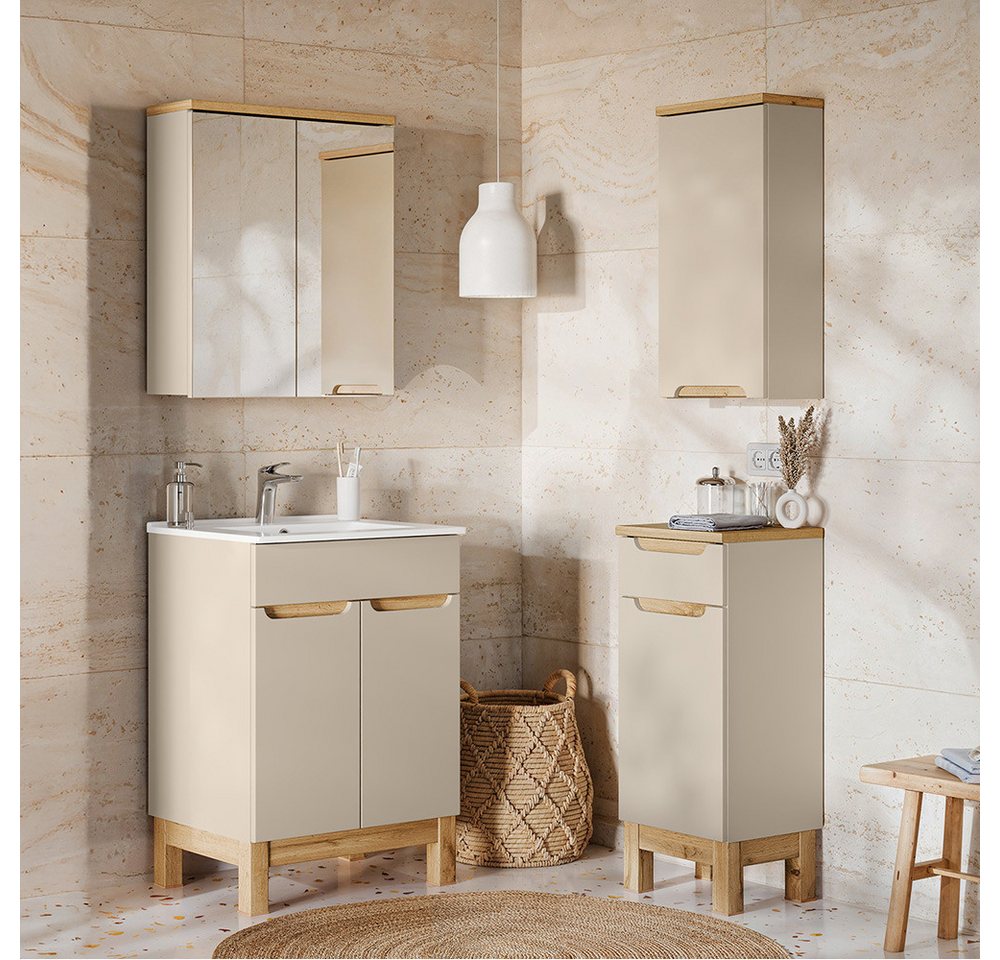 Lomadox Badmöbel-Set SOLNA-56-CASHMERE, (Spar-Set, 4-St., Hängeschrank Badkommode Spiegelschrank Waschtisch), in kaschmir mit Eiche, grifflos, 60cm Keramikwaschbecken von Lomadox