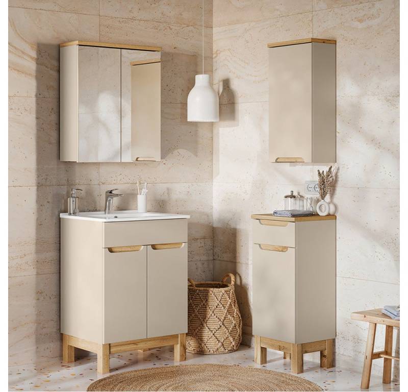 Lomadox Badmöbel-Set SOLNA-56-CASHMERE, (Spar-Set, 4-St., Hängeschrank Badkommode Spiegelschrank Waschtisch), in kaschmir mit Eiche, grifflos, 60cm Keramikwaschbecken von Lomadox