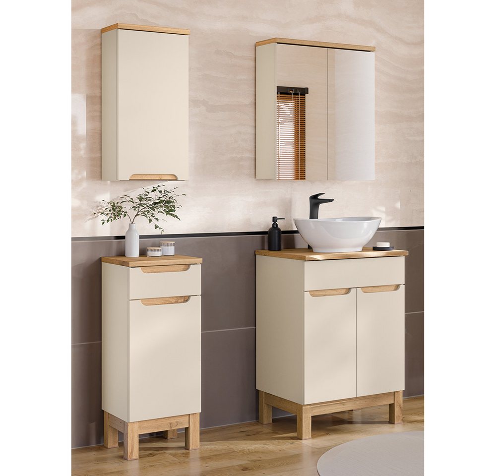 Lomadox Badmöbel-Set SOLNA-56-CASHMERE, (Spar-Set, 4-St., Hängeschrank Badkommode Spiegelschrank Waschtisch), in kaschmir mit Eiche, grifflos, mit Baumkantenoptik von Lomadox