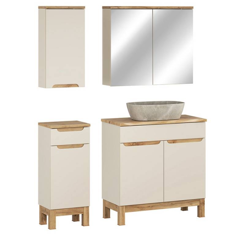 Lomadox Badmöbel-Set SOLNA-56-CASHMERE, (Spar-Set, 4-St., Hängeschrank Badkommode Spiegelschrank Waschtisch), in kaschmir mit Eiche, grifflos, mit Baumkantenoptik von Lomadox
