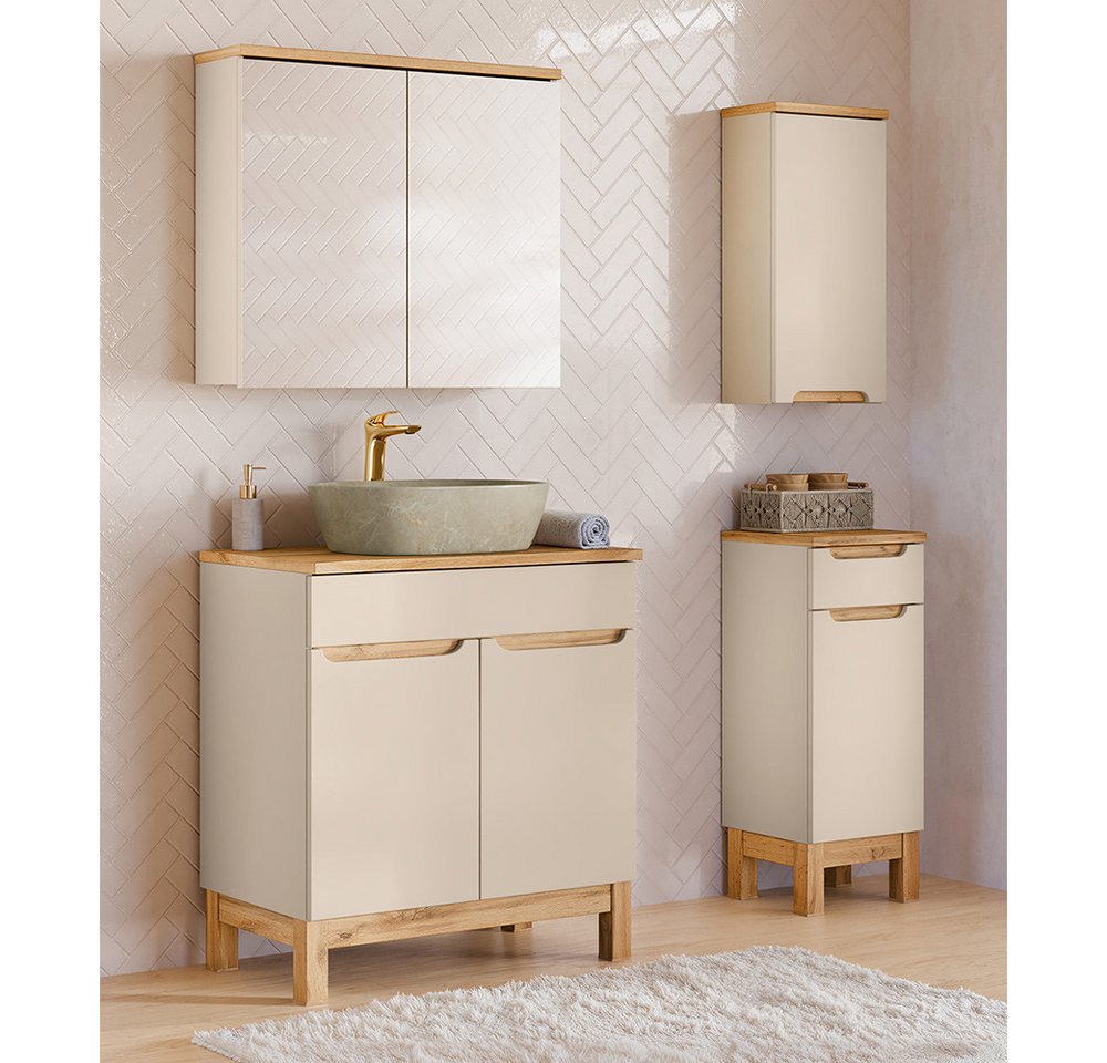 Lomadox Badmöbel-Set SOLNA-56-CASHMERE, (Spar-Set, 4-St., Hängeschrank Badkommode Spiegelschrank Waschtisch), in kaschmir mit Eiche, grifflos, mit Baumkantenoptik von Lomadox