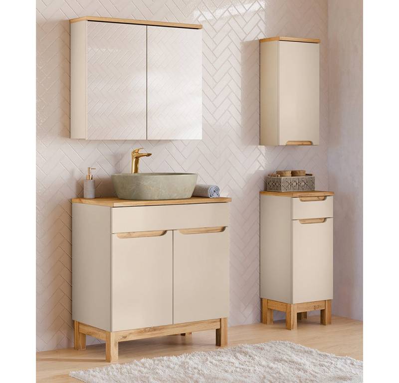 Lomadox Badmöbel-Set SOLNA-56-CASHMERE, (Spar-Set, 4-St., Hängeschrank Badkommode Spiegelschrank Waschtisch), in kaschmir mit Eiche, grifflos, mit Baumkantenoptik von Lomadox