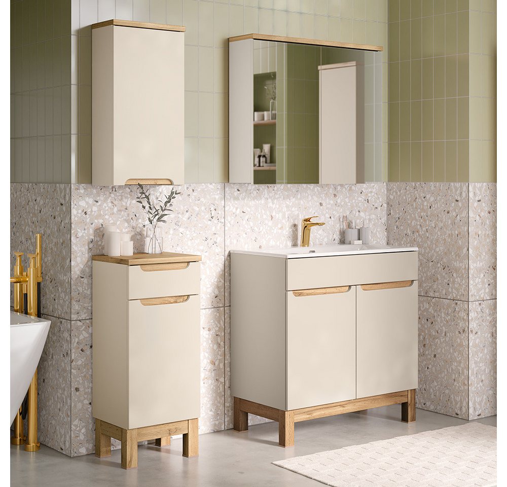 Lomadox Badmöbel-Set SOLNA-56-CASHMERE, (Spar-Set, 4-St., Hängeschrank Badkommode Spiegelschrank Waschtisch), in kaschmir mit Eiche, grifflos von Lomadox