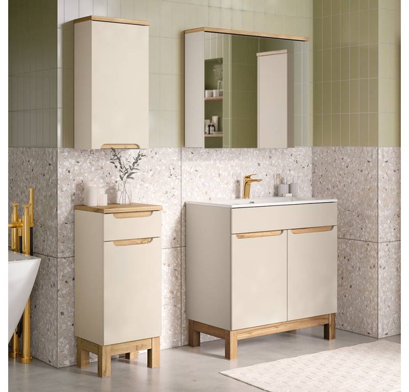 Lomadox Badmöbel-Set SOLNA-56-CASHMERE, (Spar-Set, 4-St., Hängeschrank Badkommode Spiegelschrank Waschtisch), in kaschmir mit Eiche, grifflos von Lomadox