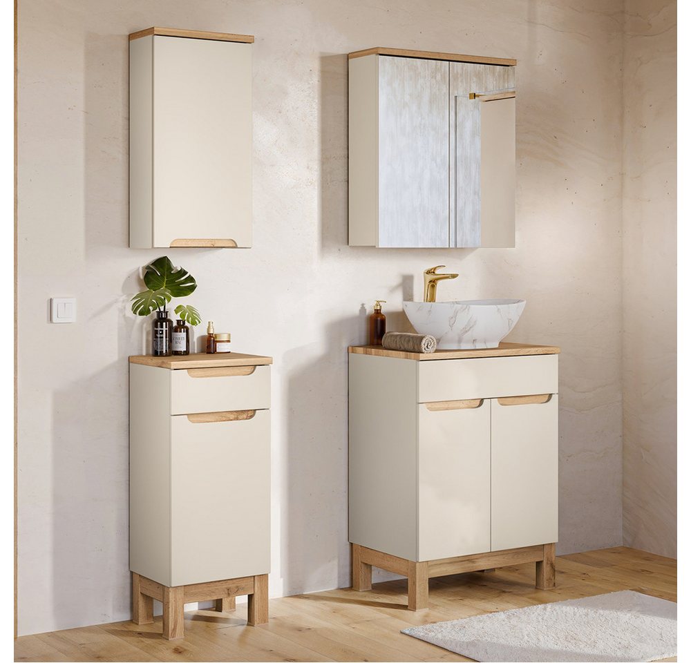 Lomadox Badmöbel-Set SOLNA-56-CASHMERE, (Spar-Set, 4-St., Hängeschrank Badkommode Spiegelschrank Waschtisch), in kaschmir mit Eiche, grifflos von Lomadox