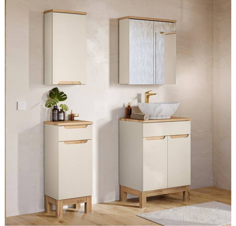 Lomadox Badmöbel-Set SOLNA-56-CASHMERE, (Spar-Set, 4-St., Hängeschrank Badkommode Spiegelschrank Waschtisch), in kaschmir mit Eiche, grifflos von Lomadox