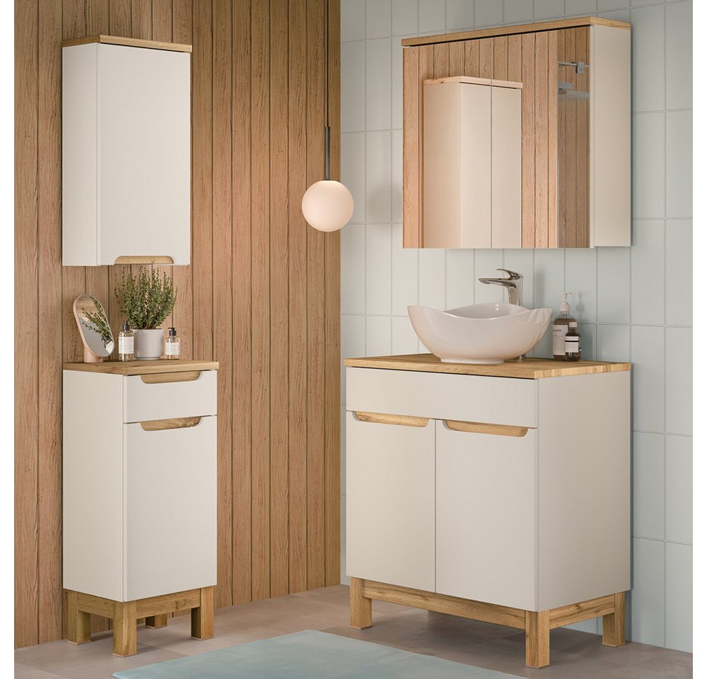 Lomadox Badmöbel-Set SOLNA-56-CASHMERE, (Spar-Set, 4-St., Hängeschrank Badkommode Spiegelschrank Waschtisch), in kaschmir mit Eiche, grifflos von Lomadox