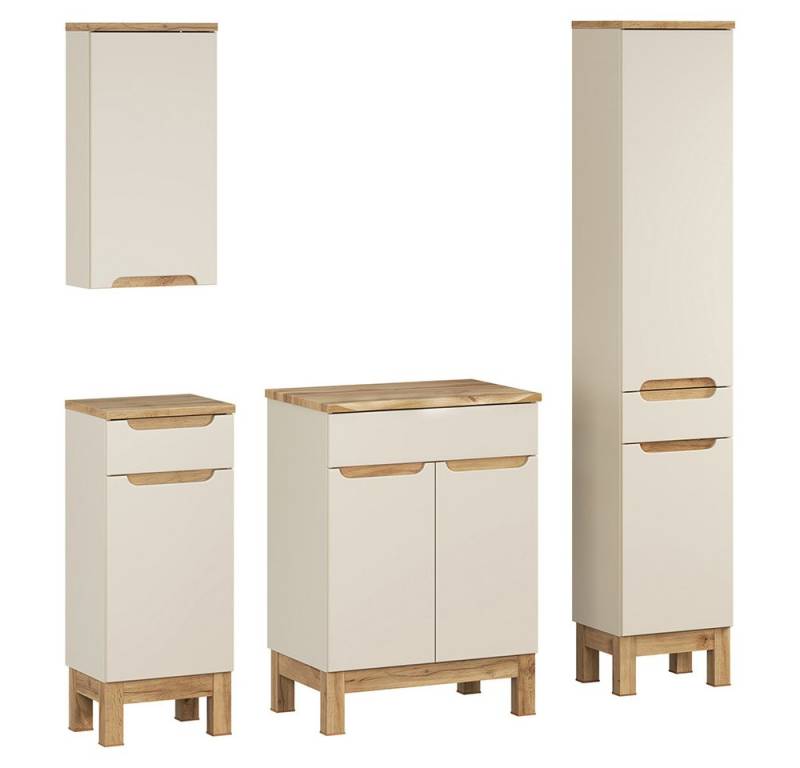 Lomadox Badmöbel-Set SOLNA-56-CASHMERE, (Spar-Set, 4-St., Hängeschrank Badkommode Waschbeckenschrank Hochschrank), in kaschmir mit Eiche, grifflos, mit Baumkantenoptik von Lomadox