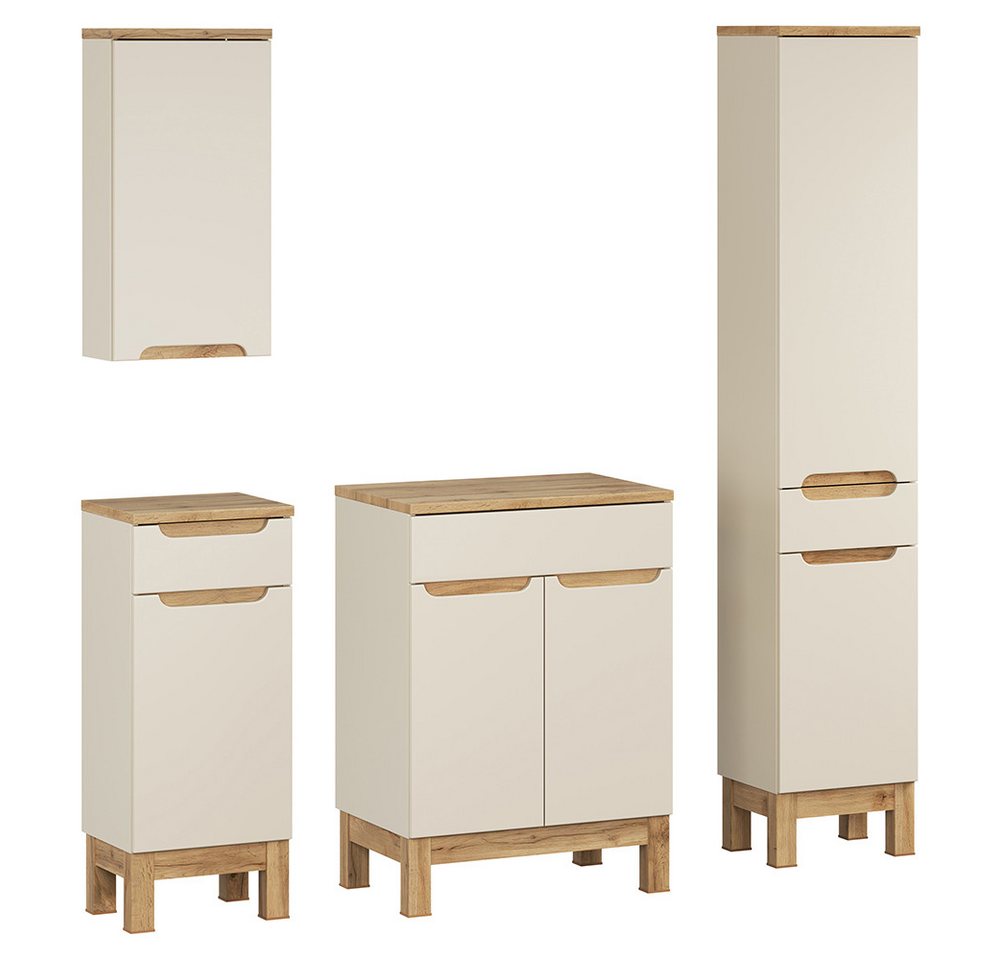 Lomadox Badmöbel-Set SOLNA-56-CASHMERE, (Spar-Set, 4-St., Hängeschrank Badkommode Waschbeckenschrank Hochschrank), in kaschmir mit Eiche, grifflos von Lomadox