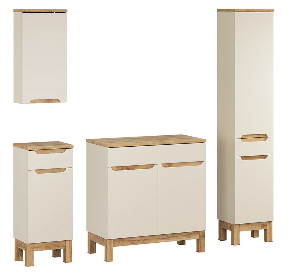 Lomadox Badmöbel-Set SOLNA-56-CASHMERE, (Spar-Set, 4-St., Hängeschrank Badkommode Waschbeckenschrank Hochschrank), in kaschmir mit Eiche, grifflos von Lomadox