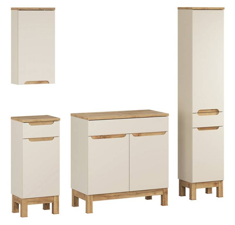 Lomadox Badmöbel-Set SOLNA-56-CASHMERE, (Spar-Set, 4-St., Hängeschrank Badkommode Waschbeckenschrank Hochschrank), in kaschmir mit Eiche, grifflos von Lomadox