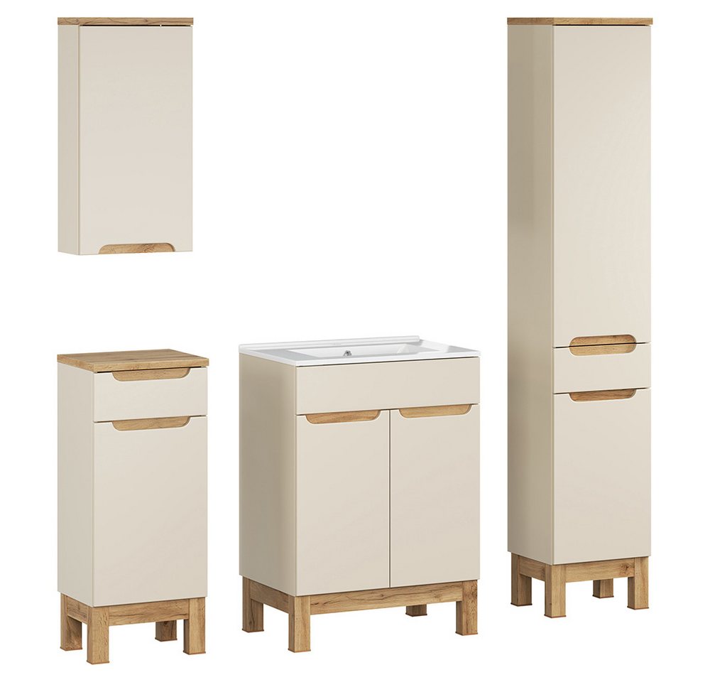 Lomadox Badmöbel-Set SOLNA-56-CASHMERE, (Spar-Set, 4-St., Hängeschrank Badkommode Waschtisch Hochschrank), in kaschmir mit Eiche, grifflos, 60cm Keramikwaschbecken von Lomadox