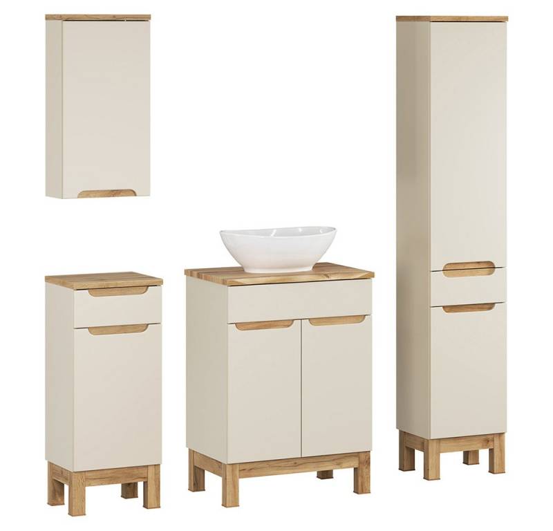 Lomadox Badmöbel-Set SOLNA-56-CASHMERE, (Spar-Set, 4-St., Hängeschrank Badkommode Waschtisch Hochschrank), in kaschmir mit Eiche, grifflos, mit Baumkantenoptik von Lomadox