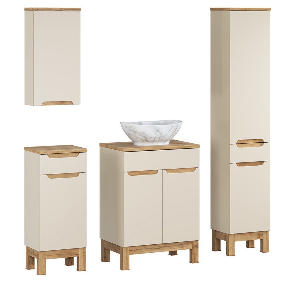 Lomadox Badmöbel-Set SOLNA-56-CASHMERE, (Spar-Set, 4-St., Hängeschrank Badkommode Waschtisch Hochschrank), in kaschmir mit Eiche, grifflos von Lomadox