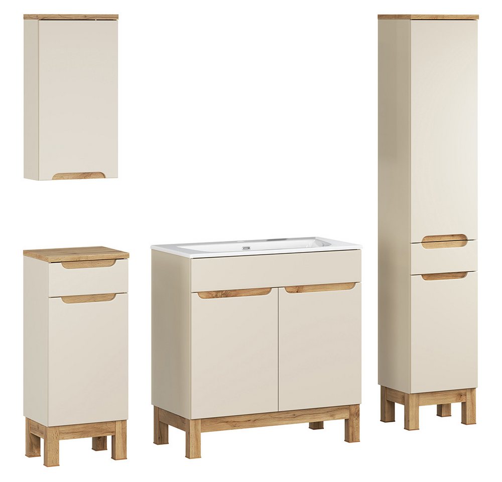 Lomadox Badmöbel-Set SOLNA-56-CASHMERE, (Spar-Set, 4-St., Hängeschrank Badkommode Waschtisch Hochschrank), in kaschmir mit Eiche, grifflos von Lomadox