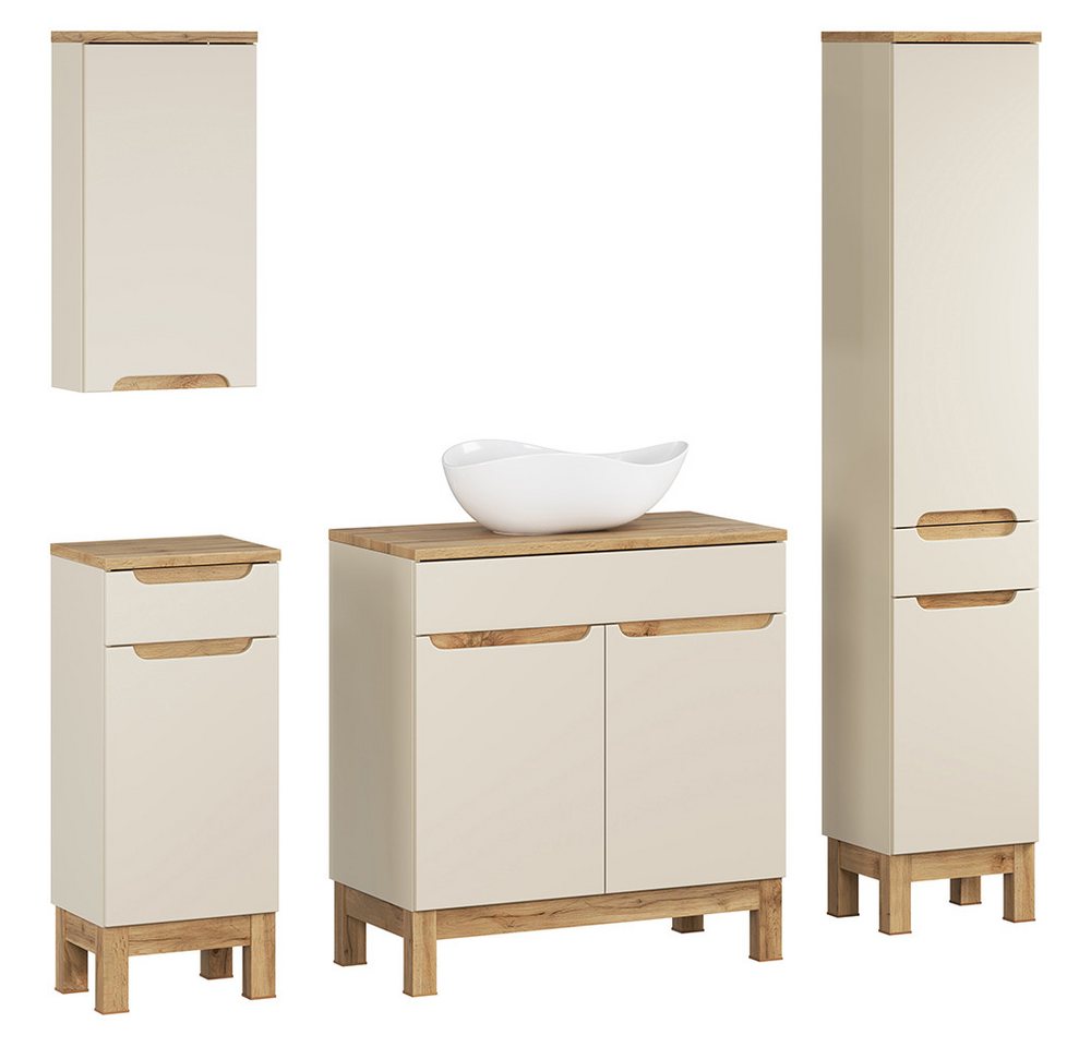 Lomadox Badmöbel-Set SOLNA-56-CASHMERE, (Spar-Set, 4-St., Hängeschrank Badkommode Waschtisch Hochschrank), in kaschmir mit Eiche, grifflos von Lomadox