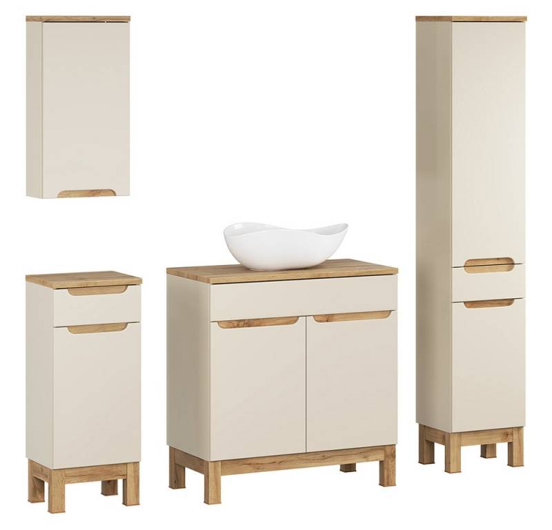 Lomadox Badmöbel-Set SOLNA-56-CASHMERE, (Spar-Set, 4-St., Hängeschrank Badkommode Waschtisch Hochschrank), in kaschmir mit Eiche, grifflos von Lomadox
