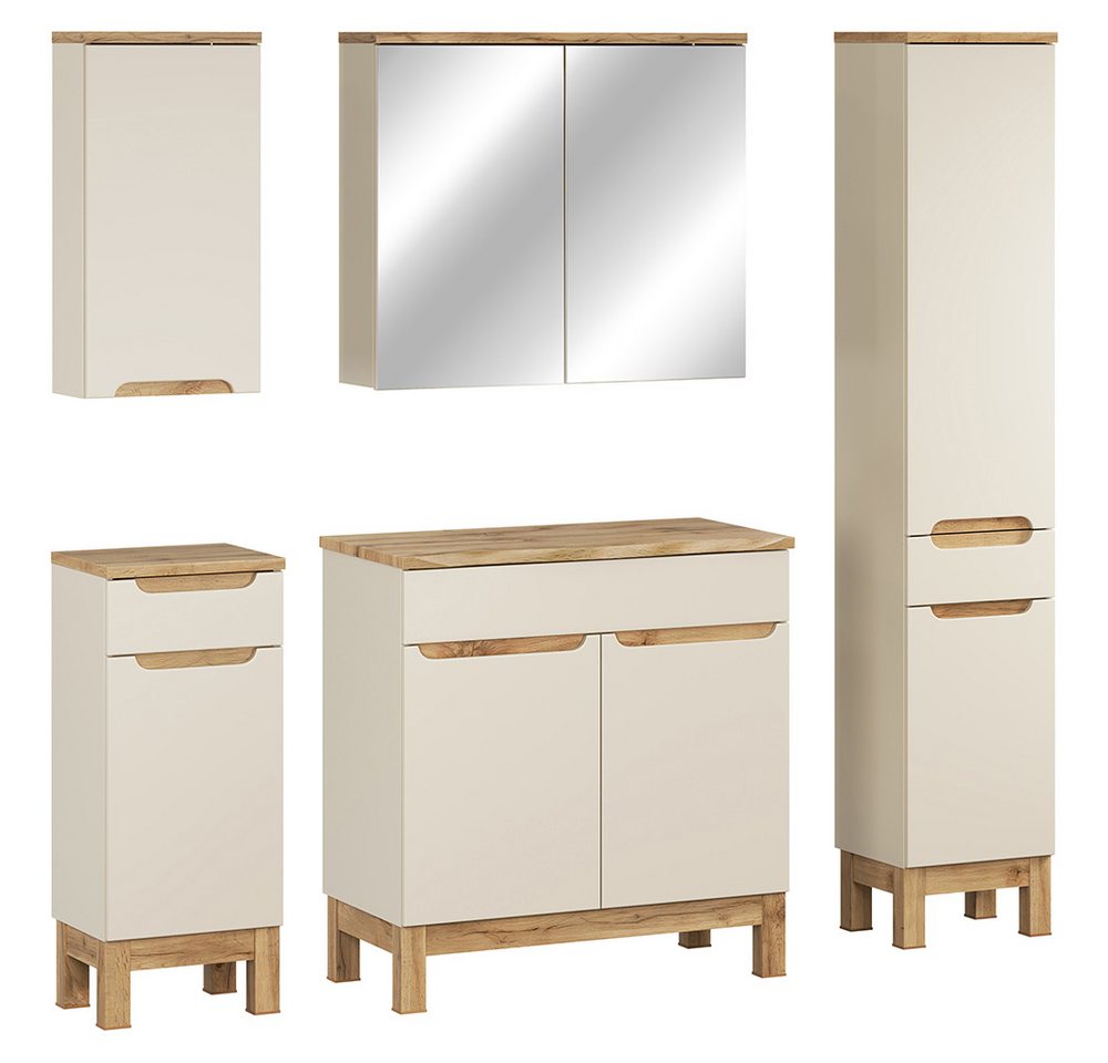 Lomadox Badmöbel-Set SOLNA-56-CASHMERE, (Spar-Set, 5-St., Hängeschrank Badkommode Spiegelschrank Waschbeckenschrank Hochschrank), in kaschmir mit Eiche, grifflos, mit Baumkantenoptik von Lomadox