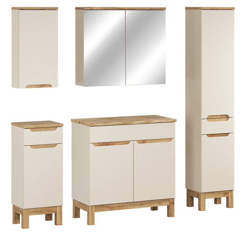 Lomadox Badmöbel-Set SOLNA-56-CASHMERE, (Spar-Set, 5-St., Hängeschrank Badkommode Spiegelschrank Waschbeckenschrank Hochschrank), in kaschmir mit Eiche, grifflos, mit Baumkantenoptik von Lomadox