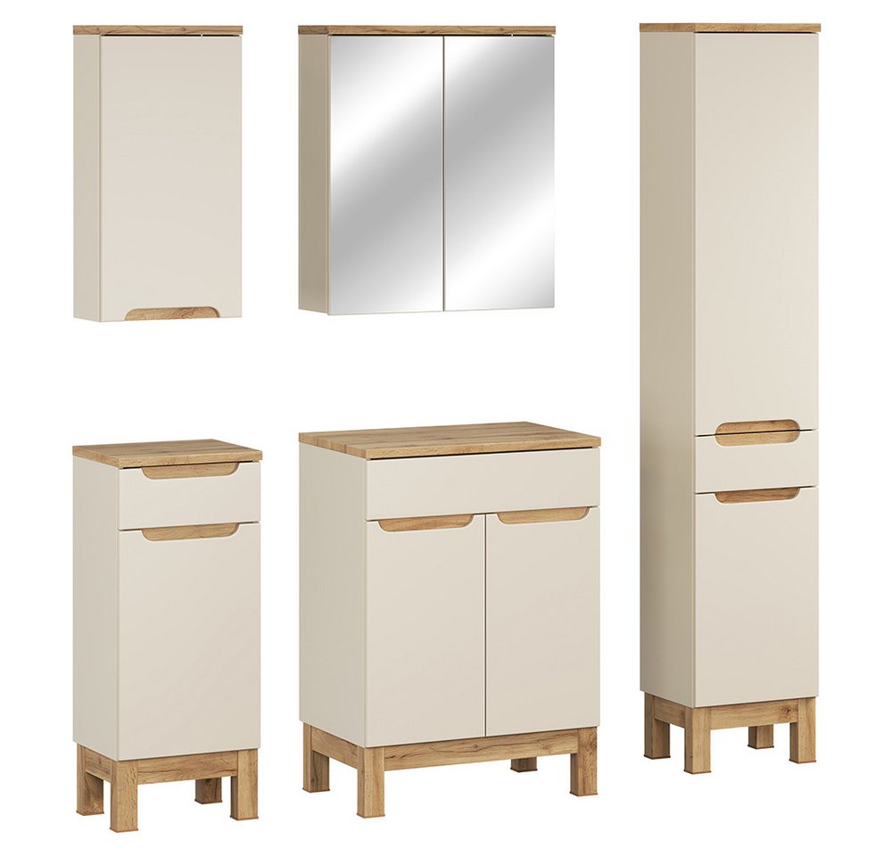 Lomadox Badmöbel-Set SOLNA-56-CASHMERE, (Spar-Set, 5-St., Hängeschrank Badkommode Spiegelschrank Waschbeckenschrank Hochschrank), in kaschmir mit Eiche, grifflos von Lomadox