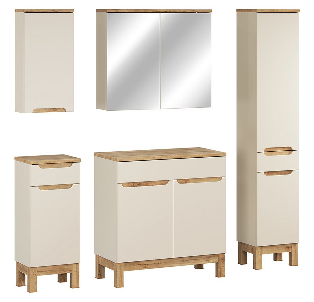 Lomadox Badmöbel-Set SOLNA-56-CASHMERE, (Spar-Set, 5-St., Hängeschrank Badkommode Spiegelschrank Waschbeckenschrank Hochschrank), in kaschmir mit Eiche, grifflos von Lomadox