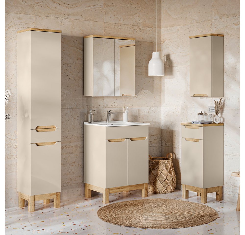 Lomadox Badmöbel-Set SOLNA-56-CASHMERE, (Spar-Set, 5-St., Hängeschrank Badkommode Spiegelschrank Waschtisch Hochschrank), in kaschmir mit Eiche, grifflos, 60cm Keramikwaschbecken von Lomadox