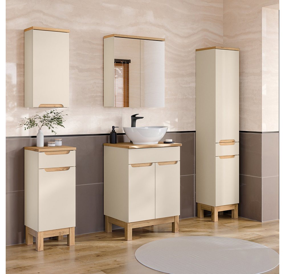 Lomadox Badmöbel-Set SOLNA-56-CASHMERE, (Spar-Set, 5-St., Hängeschrank Badkommode Spiegelschrank Waschtisch Hochschrank), in kaschmir mit Eiche, grifflos, mit Baumkantenoptik von Lomadox