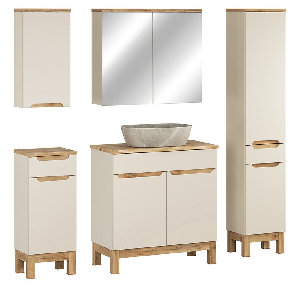 Lomadox Badmöbel-Set SOLNA-56-CASHMERE, (Spar-Set, 5-St., Hängeschrank Badkommode Spiegelschrank Waschtisch Hochschrank), in kaschmir mit Eiche, grifflos, mit Baumkantenoptik von Lomadox