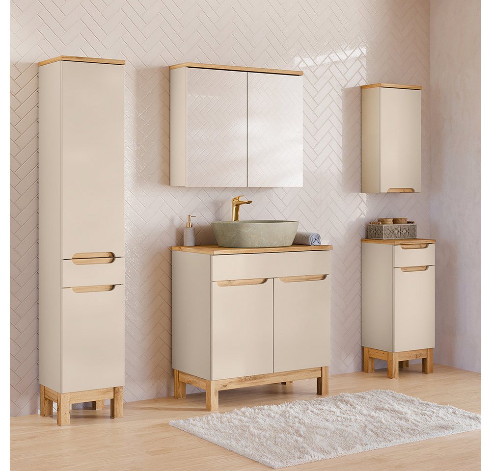 Lomadox Badmöbel-Set SOLNA-56-CASHMERE, (Spar-Set, 5-St., Hängeschrank Badkommode Spiegelschrank Waschtisch Hochschrank), in kaschmir mit Eiche, grifflos, mit Baumkantenoptik von Lomadox