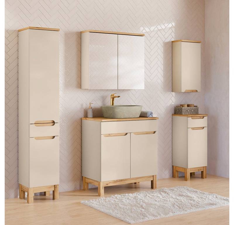 Lomadox Badmöbel-Set SOLNA-56-CASHMERE, (Spar-Set, 5-St., Hängeschrank Badkommode Spiegelschrank Waschtisch Hochschrank), in kaschmir mit Eiche, grifflos, mit Baumkantenoptik von Lomadox