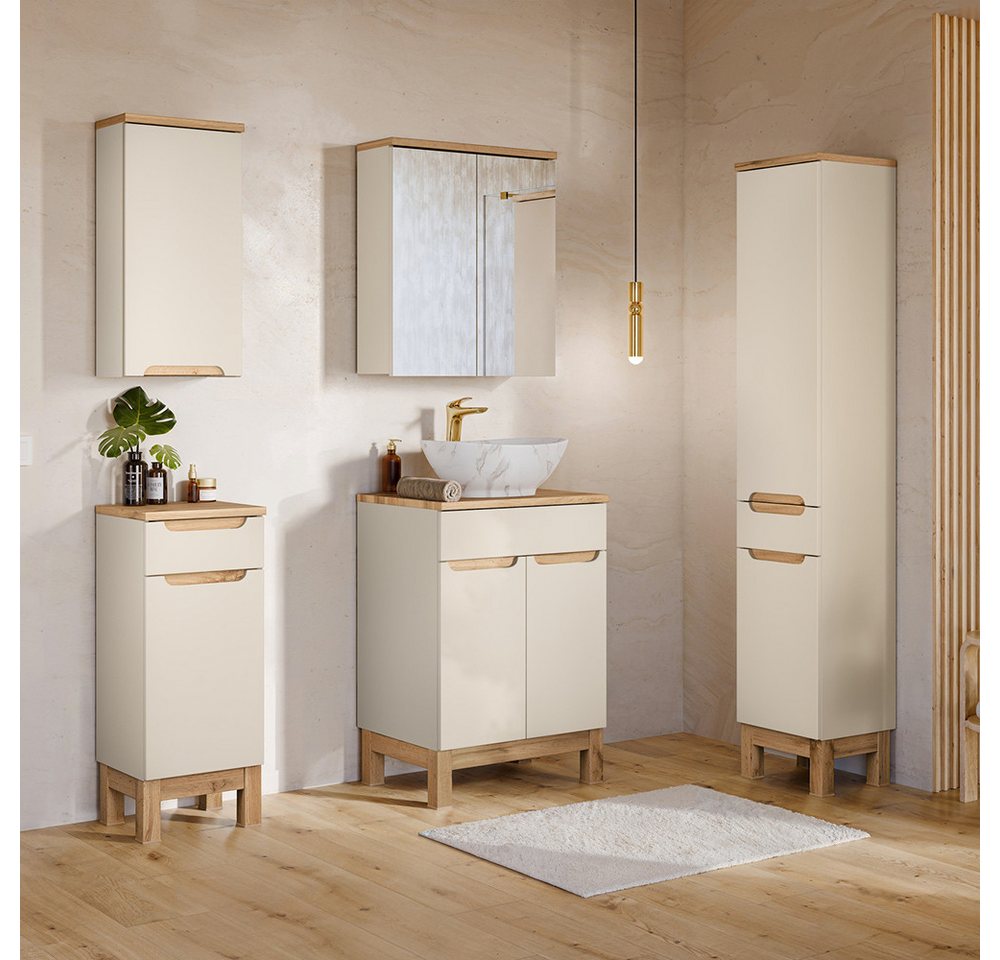 Lomadox Badmöbel-Set SOLNA-56-CASHMERE, (Spar-Set, 5-St., Hängeschrank Badkommode Spiegelschrank Waschtisch Hochschrank), in kaschmir mit Eiche, grifflos von Lomadox