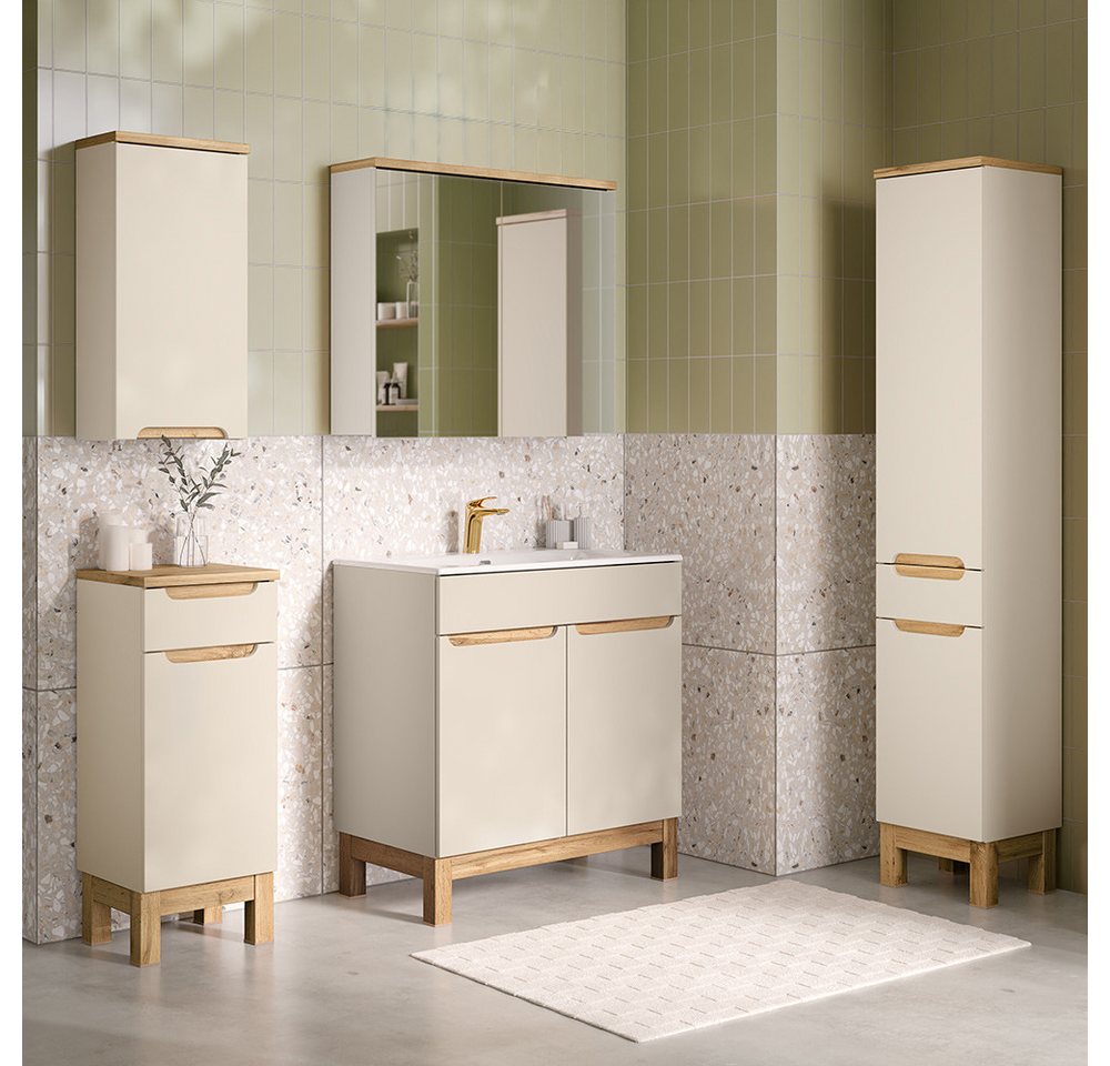 Lomadox Badmöbel-Set SOLNA-56-CASHMERE, (Spar-Set, 5-St., Hängeschrank Badkommode Spiegelschrank Waschtisch Hochschrank), in kaschmir mit Eiche, grifflos von Lomadox