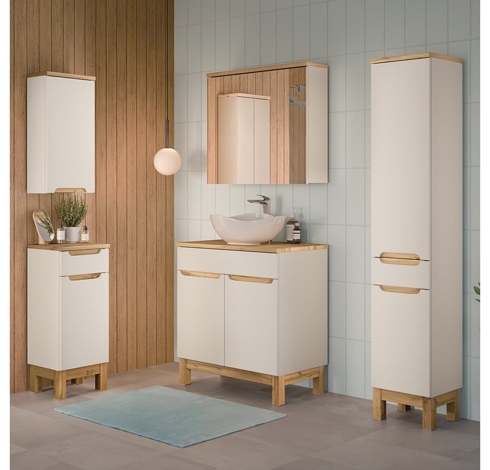 Lomadox Badmöbel-Set SOLNA-56-CASHMERE, (Spar-Set, 5-St., Hängeschrank Badkommode Spiegelschrank Waschtisch Hochschrank), in kaschmir mit Eiche, grifflos von Lomadox