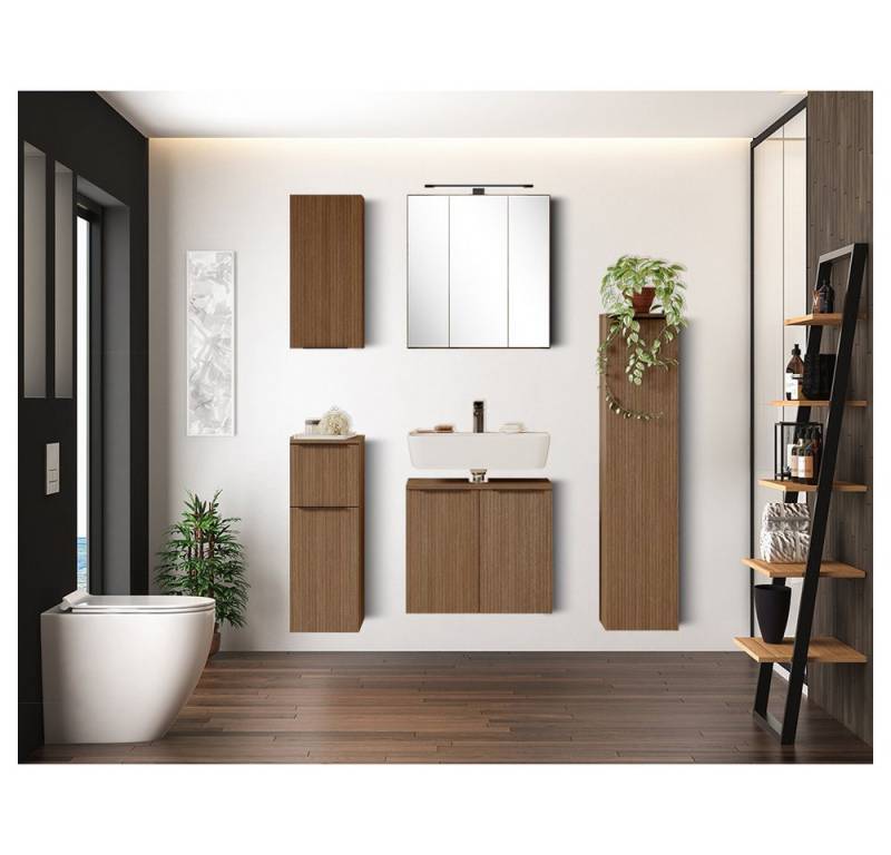 Lomadox Badmöbel-Set SORRENT-03, (Spar-Set, 5-St), in Eiche, Spiegelschrank mit Beleuchtung von Lomadox