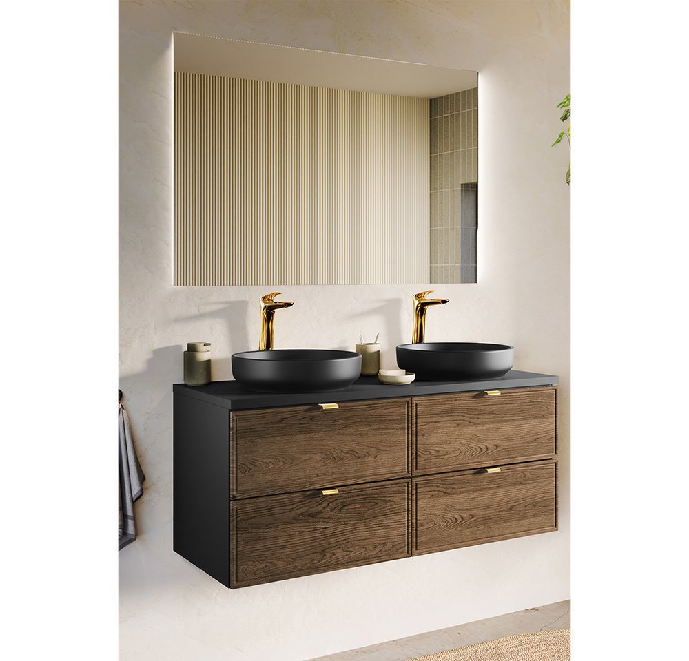 Lomadox Badmöbel-Set TARSIA-56, (Spar-Set, 2-St., LED-Spiegel Doppelwaschtisch), 120cm Waschtisch mit Keramikwaschbecken, Eiche mit schwarz von Lomadox