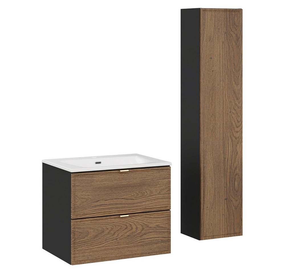 Lomadox Badmöbel-Set TARSIA-56, (Spar-Set, 2-St., Waschtisch Hochschrank), Keramikwaschbecken 61 cm breit, Eiche mit schwarz von Lomadox