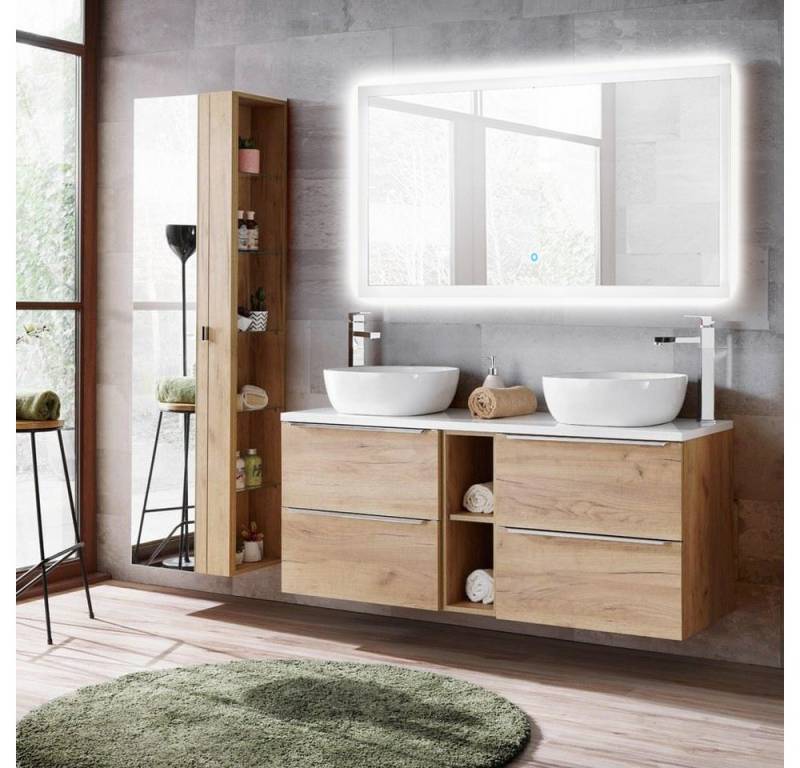 Lomadox Badmöbel-Set TOSKANA-56, (Spar-Set, 3-St), 2 Keramik-Aufsatzwaschbecken und LED-Spiegel Eiche 205/190/46cm von Lomadox