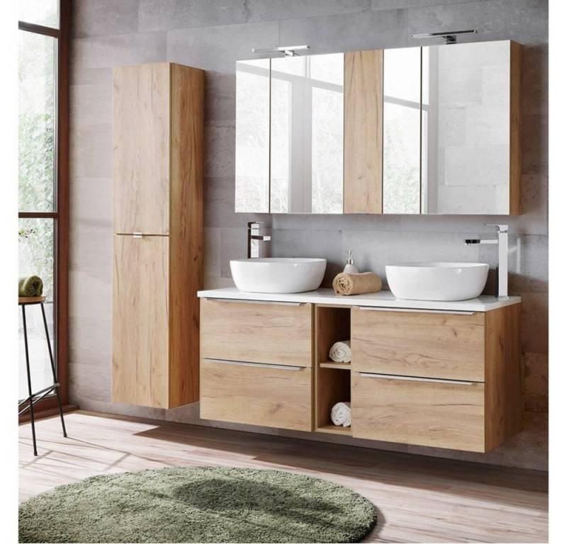 Lomadox Badmöbel-Set TOSKANA-56, (Spar-Set, 3-St), Doppelwaschtisch 2 Keramik-Aufsatzbecken Eiche/Hochglanz weiß von Lomadox