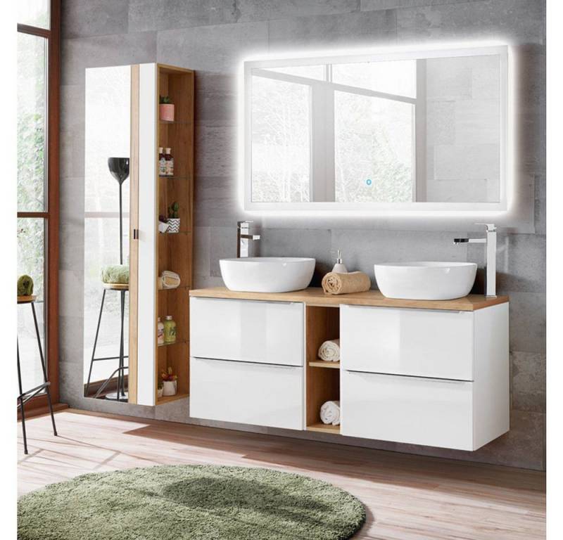 Lomadox Badmöbel-Set TOSKANA-56, (Spar-Set, 3-St), mit 2 Keramik-Waschtische und LED-Spiegel Hochglanz weiß 205/190/46cm von Lomadox
