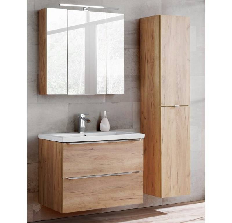 Lomadox Badmöbel-Set TOSKANA-56, (Spar-Set, 3-St), mit 80cm LED-Spiegelschrank Wotaneiche 135/190/46cm von Lomadox