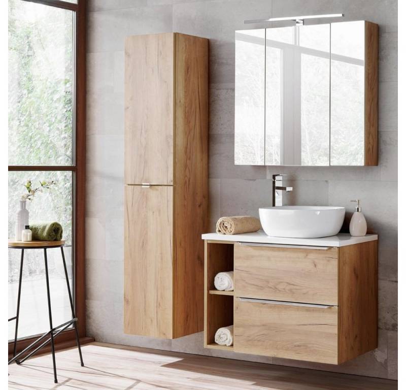 Lomadox Badmöbel-Set TOSKANA-56, (Spar-Set, 3-St), mit LED-Spiegelschrank Wotaneiche & weiß Hochglanz 135/190/46cm von Lomadox