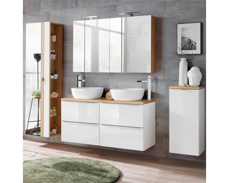 Lomadox Badmöbel-Set TOSKANA-56, (Spar-Set, 4-St), Eiche Waschtisch Keramik-Waschbecken Spiegelschrank und Wäschesammler von Lomadox